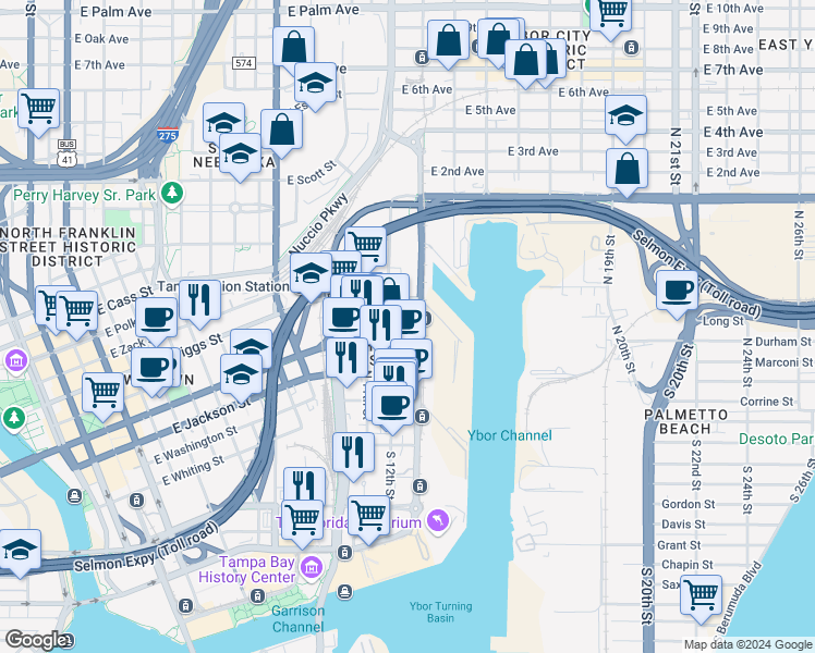 map of restaurants, bars, coffee shops, grocery stores, and more near 1112 Channelside Drive in Tampa