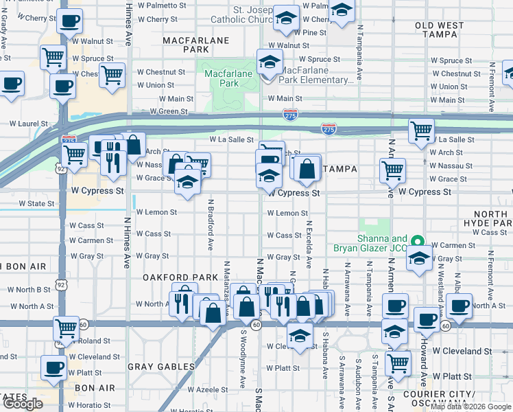 map of restaurants, bars, coffee shops, grocery stores, and more near 3105 West Lemon Street in Tampa