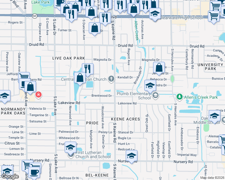 map of restaurants, bars, coffee shops, grocery stores, and more near 1208 South Keene Road in Clearwater
