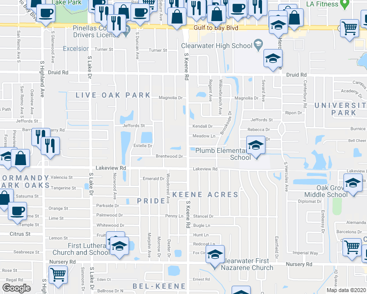 map of restaurants, bars, coffee shops, grocery stores, and more near 1204 South Keene Road in Clearwater