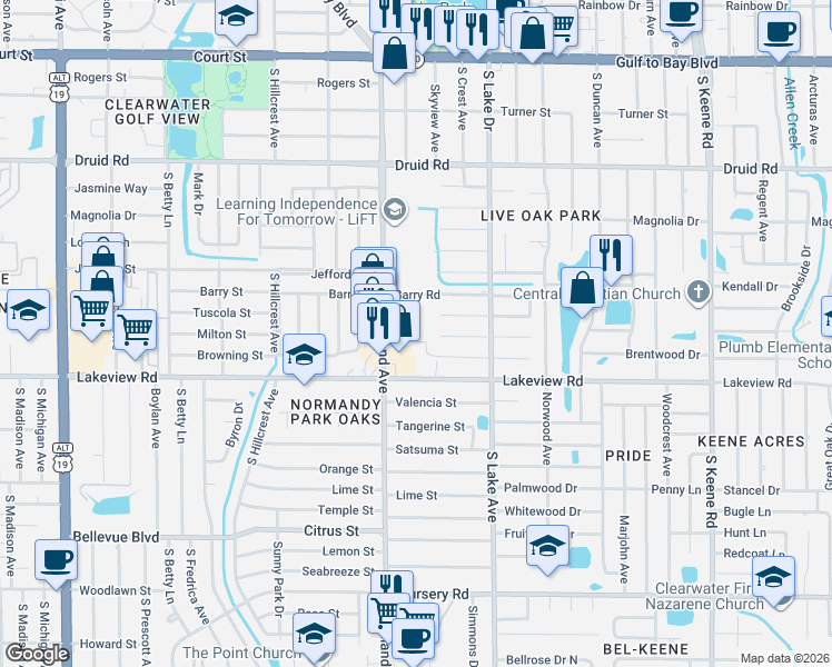 map of restaurants, bars, coffee shops, grocery stores, and more near 1269 South Highland Avenue in Clearwater