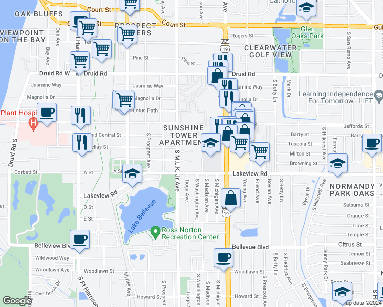 map of restaurants, bars, coffee shops, grocery stores, and more near 1102 Tuskawilla Drive in Clearwater