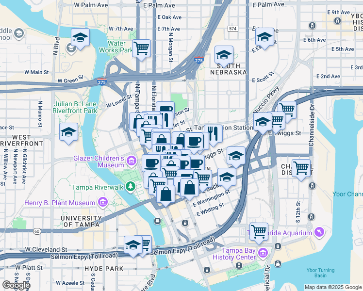 map of restaurants, bars, coffee shops, grocery stores, and more near 501 East Polk Street in Tampa