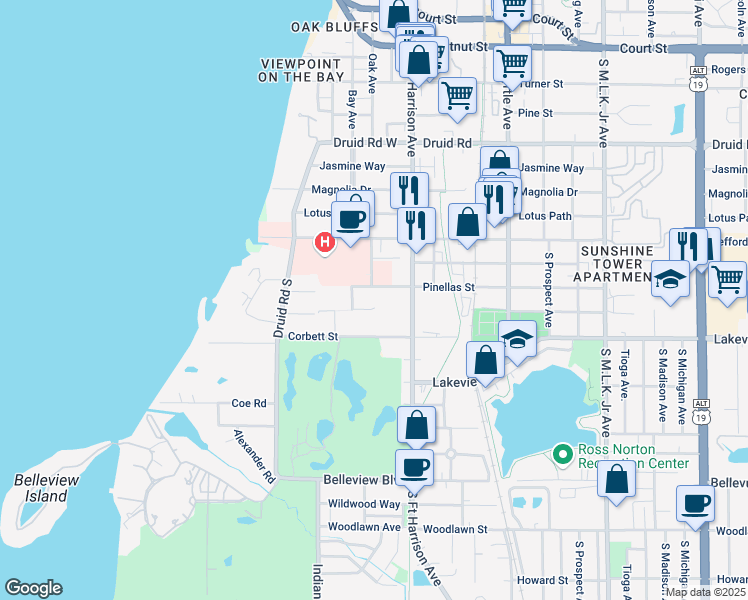 map of restaurants, bars, coffee shops, grocery stores, and more near 430 Pinellas Street in Clearwater
