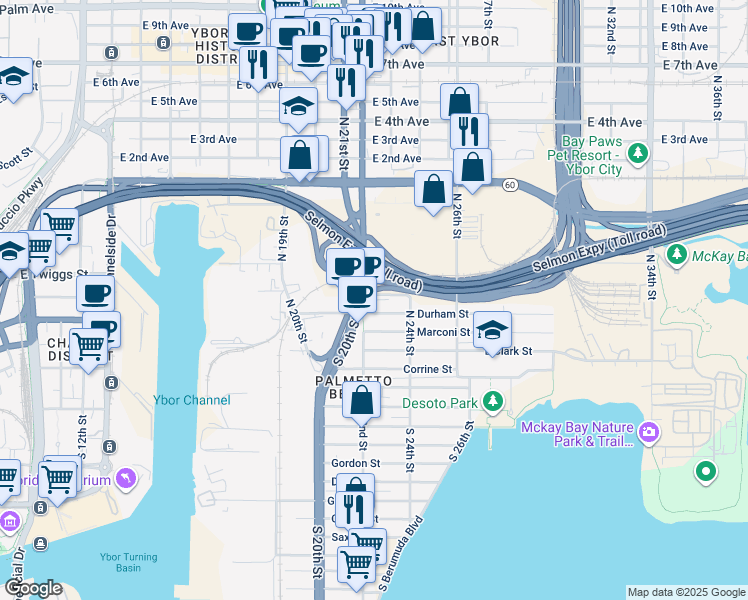 map of restaurants, bars, coffee shops, grocery stores, and more near 2206 Durham Street in Tampa
