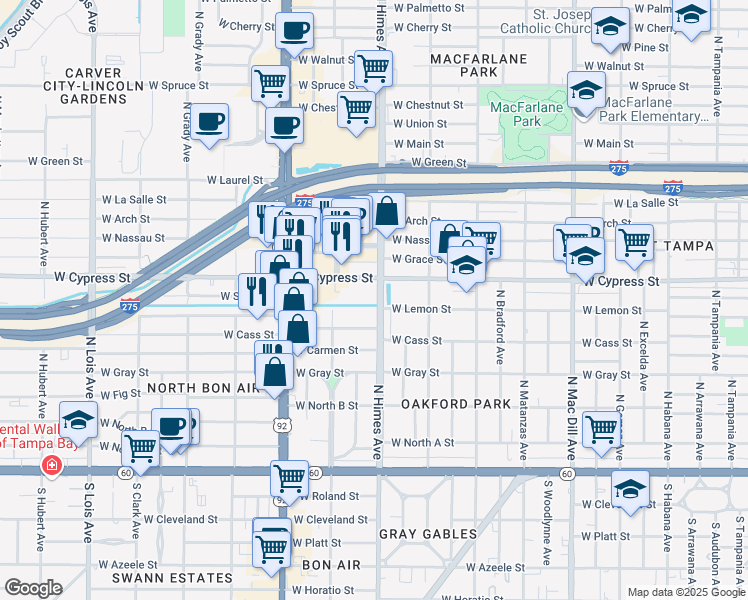 map of restaurants, bars, coffee shops, grocery stores, and more near 902 North Himes Avenue in Tampa