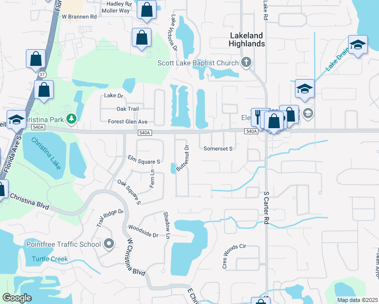 map of restaurants, bars, coffee shops, grocery stores, and more near 6266 Butternut Drive in Lakeland
