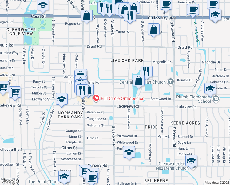 map of restaurants, bars, coffee shops, grocery stores, and more near 1551 Illinois Road in Clearwater