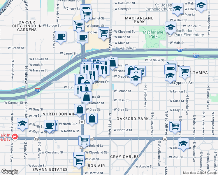 map of restaurants, bars, coffee shops, grocery stores, and more near 729 North Himes Avenue in Tampa