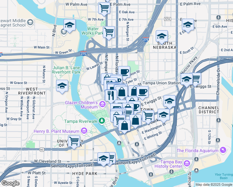 map of restaurants, bars, coffee shops, grocery stores, and more near E Cass St & N Franklin St in Tampa