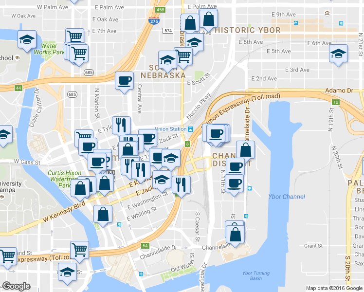 map of restaurants, bars, coffee shops, grocery stores, and more near 925 East Twiggs Street in Tampa