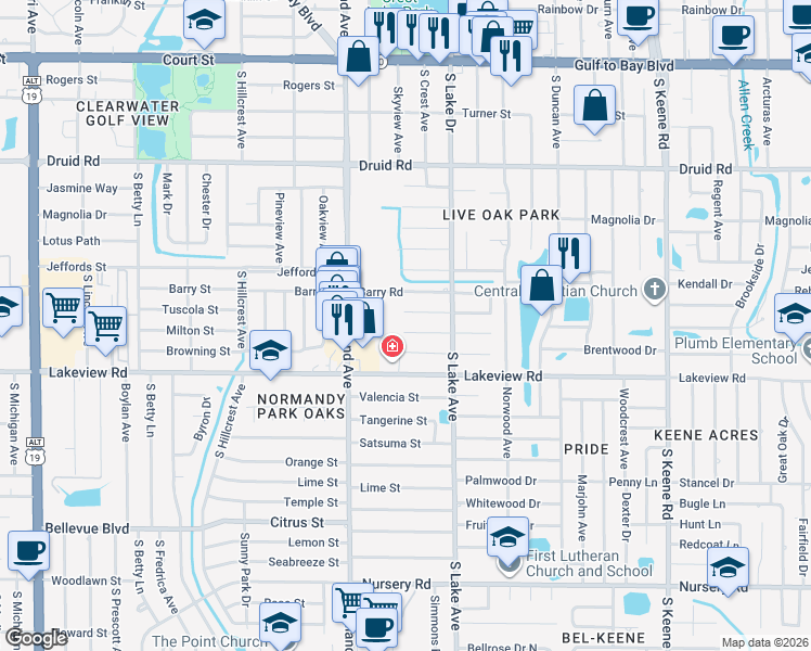 map of restaurants, bars, coffee shops, grocery stores, and more near 1535 Illinois Road in Clearwater