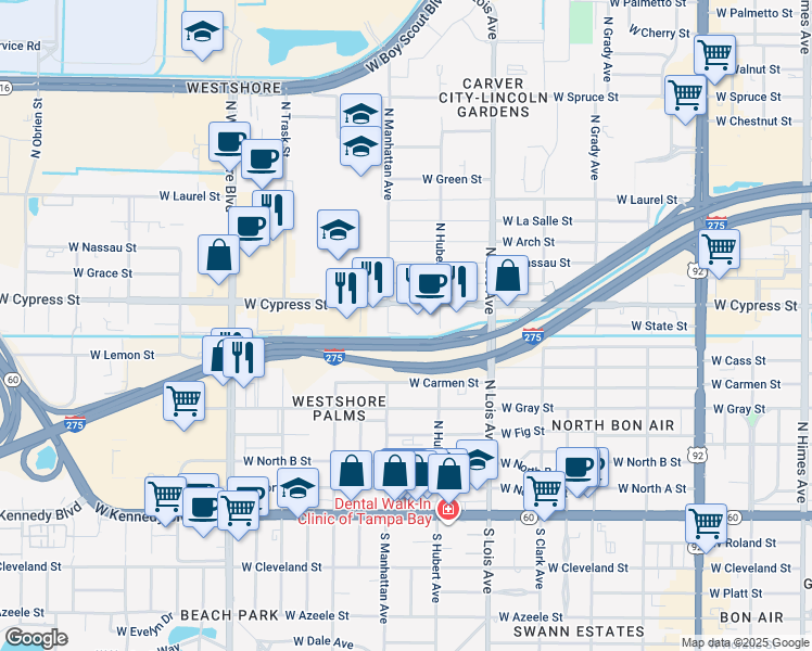 map of restaurants, bars, coffee shops, grocery stores, and more near 4350 West Cypress Street in Tampa