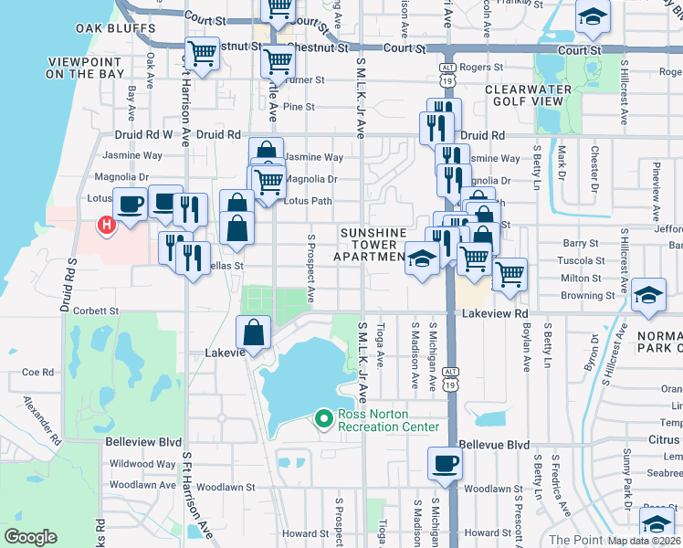 map of restaurants, bars, coffee shops, grocery stores, and more near 1004 Tuskawilla Street in Clearwater