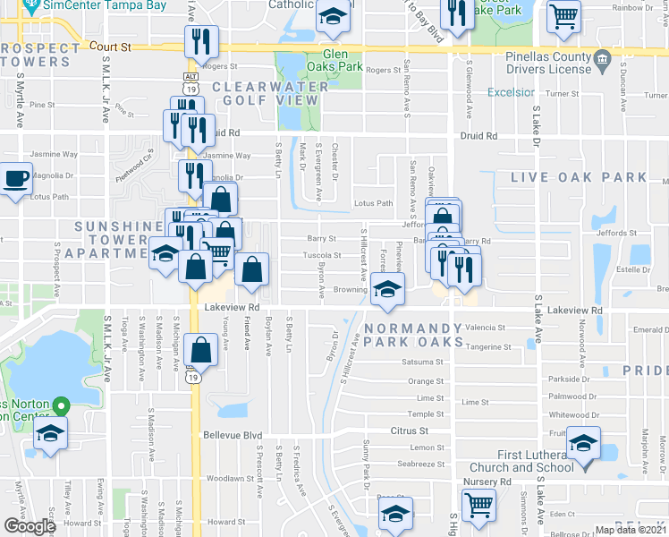 map of restaurants, bars, coffee shops, grocery stores, and more near 1362 Milton Street in Clearwater