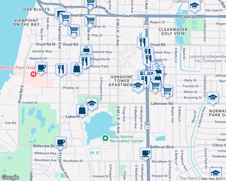 map of restaurants, bars, coffee shops, grocery stores, and more near 1004 Tuskawilla Street in Clearwater
