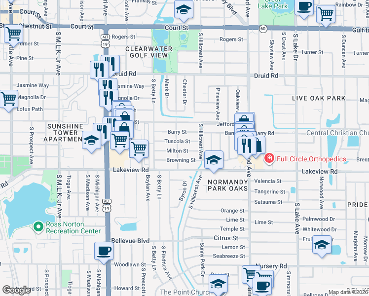 map of restaurants, bars, coffee shops, grocery stores, and more near 1362 Milton Street in Clearwater
