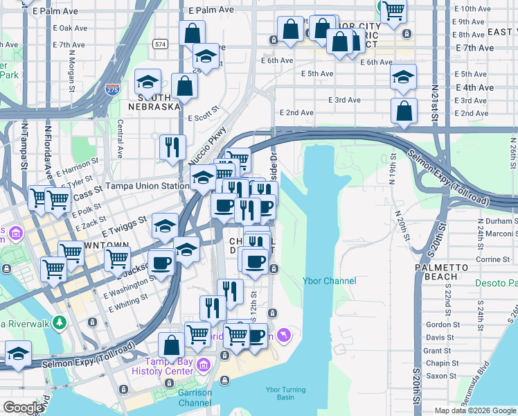 map of restaurants, bars, coffee shops, grocery stores, and more near 1112 Channelside Drive in Tampa