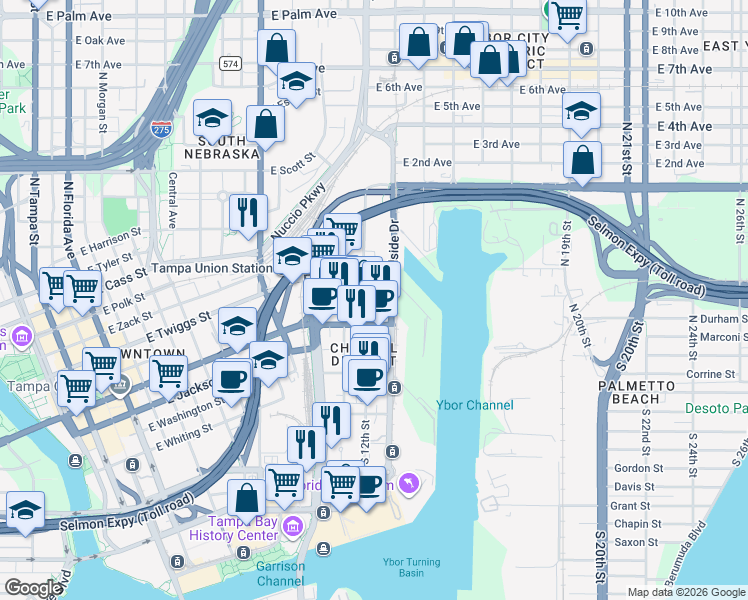map of restaurants, bars, coffee shops, grocery stores, and more near 1112 Channelside Drive in Tampa