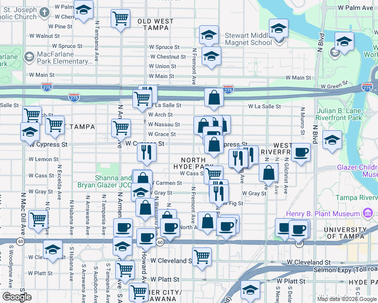 map of restaurants, bars, coffee shops, grocery stores, and more near in Tampa