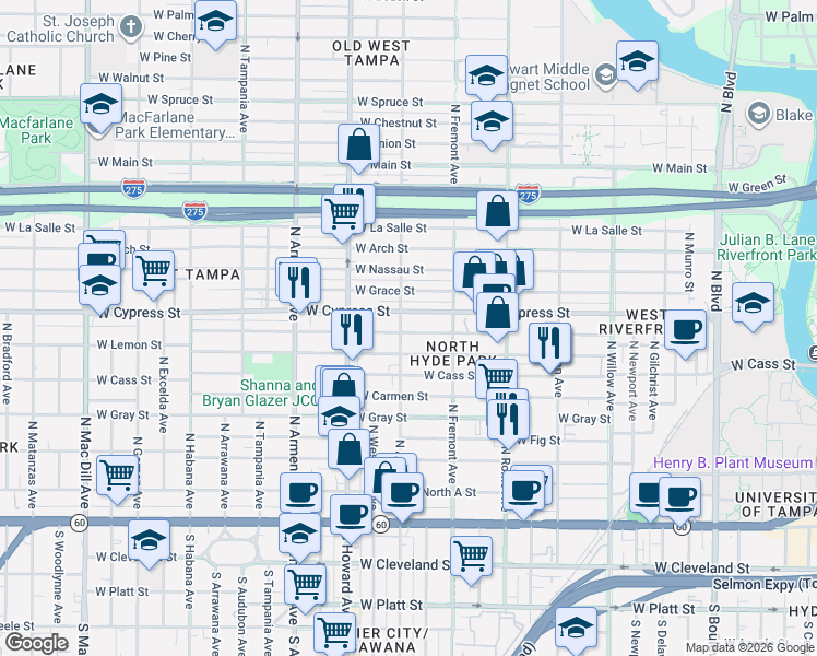 map of restaurants, bars, coffee shops, grocery stores, and more near 1922 West State Street in Tampa
