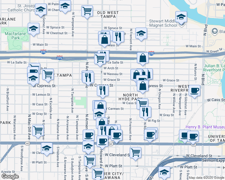 map of restaurants, bars, coffee shops, grocery stores, and more near 2112 West State Street in Tampa
