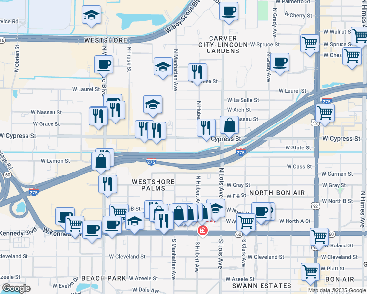 map of restaurants, bars, coffee shops, grocery stores, and more near 4350 West Cypress Street in Tampa