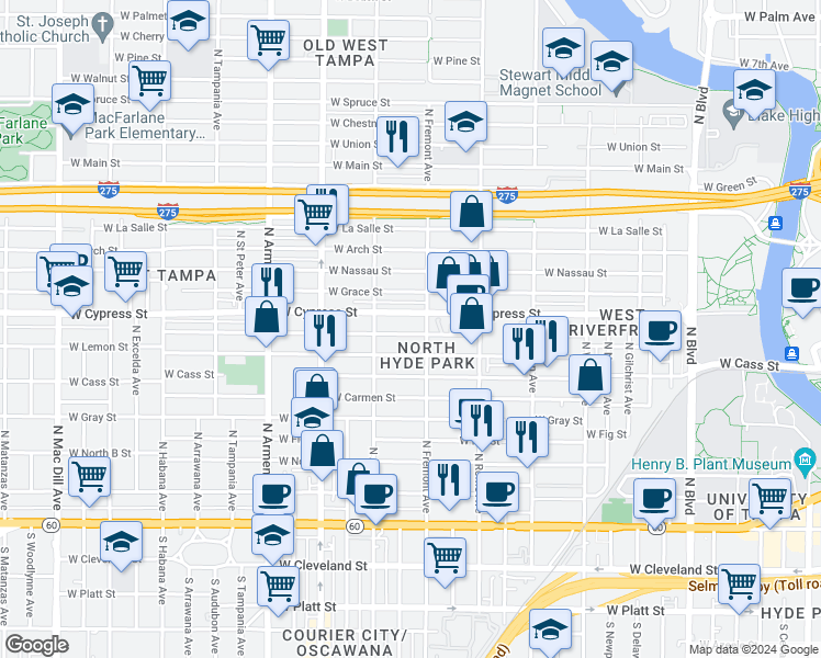 map of restaurants, bars, coffee shops, grocery stores, and more near 1907 West State Street in Tampa