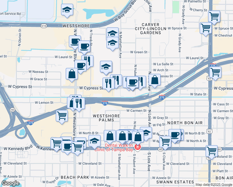 map of restaurants, bars, coffee shops, grocery stores, and more near 4400 West Cypress Street in Tampa