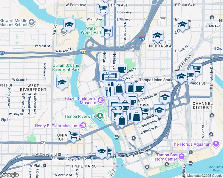 map of restaurants, bars, coffee shops, grocery stores, and more near in Tampa