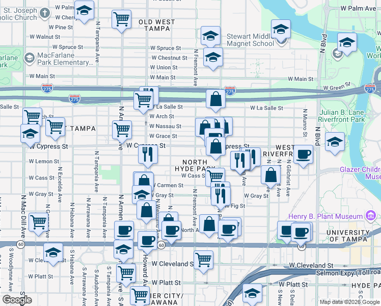 map of restaurants, bars, coffee shops, grocery stores, and more near 1903 West State Street in Tampa