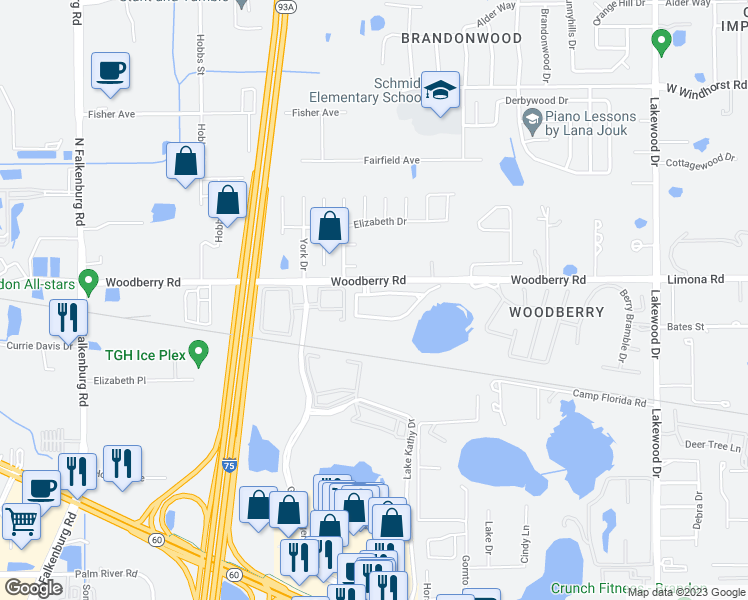 map of restaurants, bars, coffee shops, grocery stores, and more near 2291 Lake Woodberry Circle in Brandon