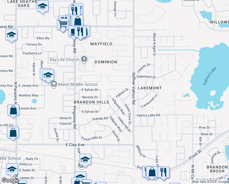 map of restaurants, bars, coffee shops, grocery stores, and more near 817 Valley Hill Drive in Brandon