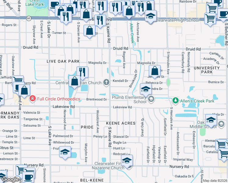 map of restaurants, bars, coffee shops, grocery stores, and more near 1806 Beverly Circle North in Clearwater