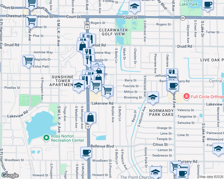 map of restaurants, bars, coffee shops, grocery stores, and more near 311 South Betty Lane in Clearwater