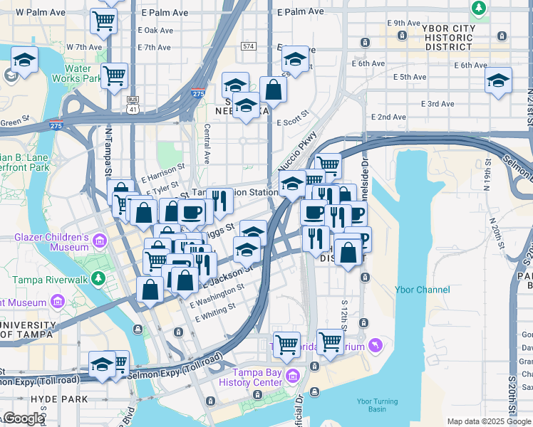 map of restaurants, bars, coffee shops, grocery stores, and more near 925 East Twiggs Street in Tampa