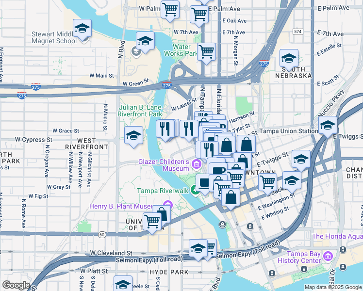 map of restaurants, bars, coffee shops, grocery stores, and more near 160 West Tyler Street in Tampa