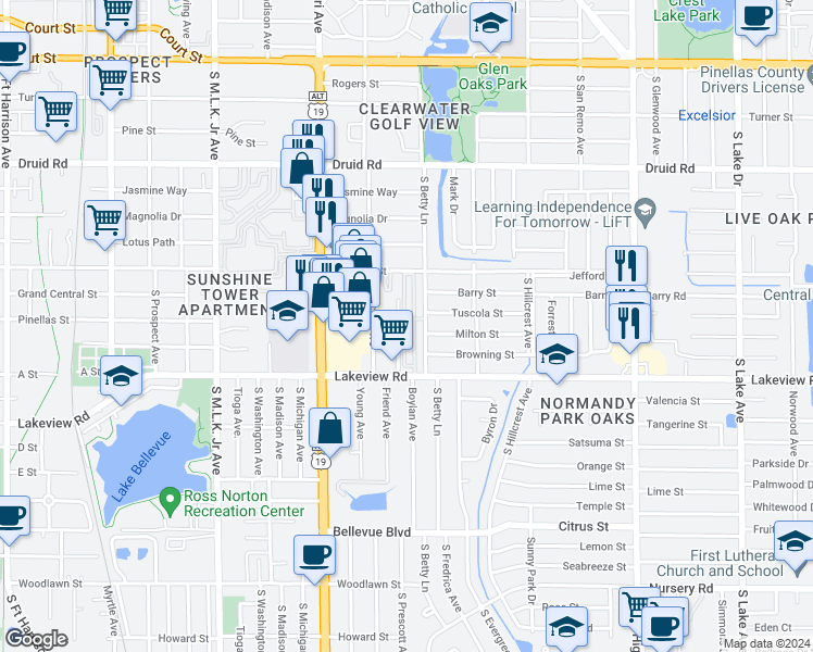 map of restaurants, bars, coffee shops, grocery stores, and more near 311 South Betty Lane in Clearwater