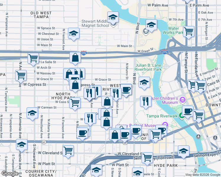 map of restaurants, bars, coffee shops, grocery stores, and more near in Tampa