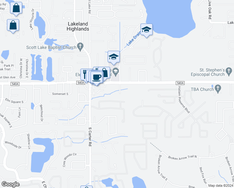 map of restaurants, bars, coffee shops, grocery stores, and more near 1145 County Road 540A in Lakeland