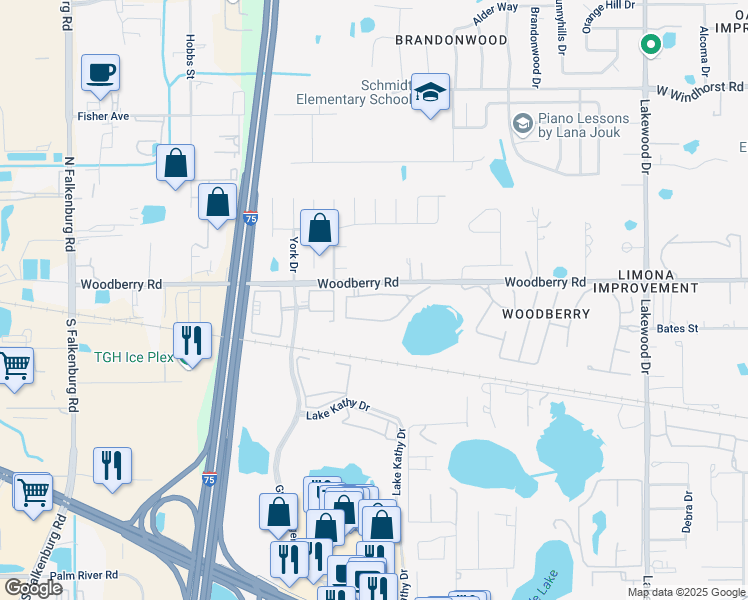 map of restaurants, bars, coffee shops, grocery stores, and more near 2271 Lake Woodberry Circle in Brandon