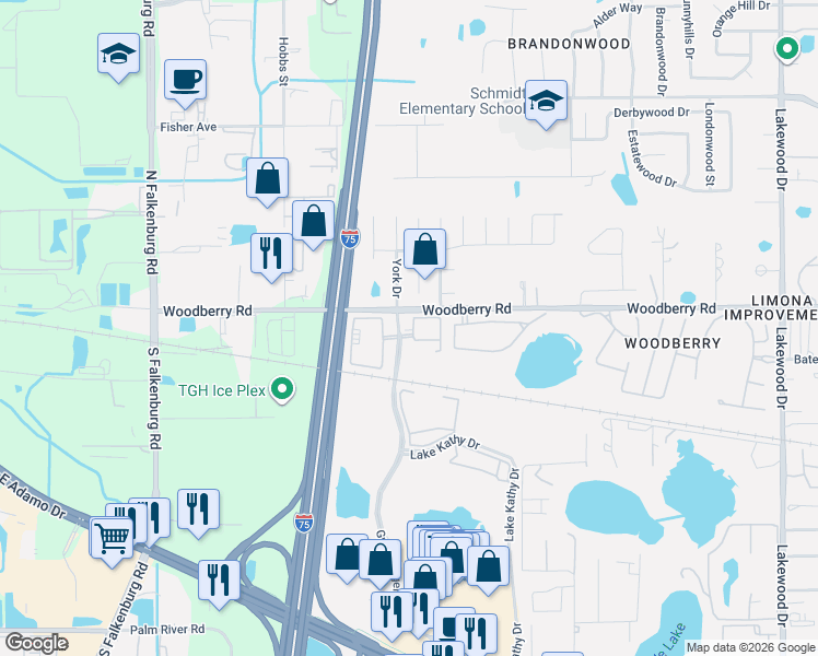 map of restaurants, bars, coffee shops, grocery stores, and more near 2403 Goodberry Place in Brandon
