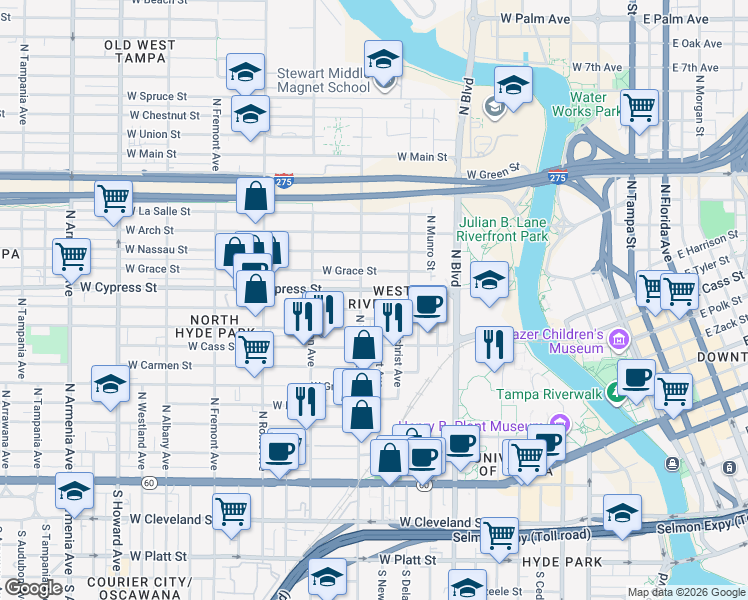 map of restaurants, bars, coffee shops, grocery stores, and more near in Tampa