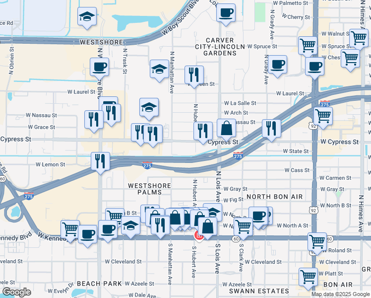 map of restaurants, bars, coffee shops, grocery stores, and more near 4300 West Cypress Street in Tampa