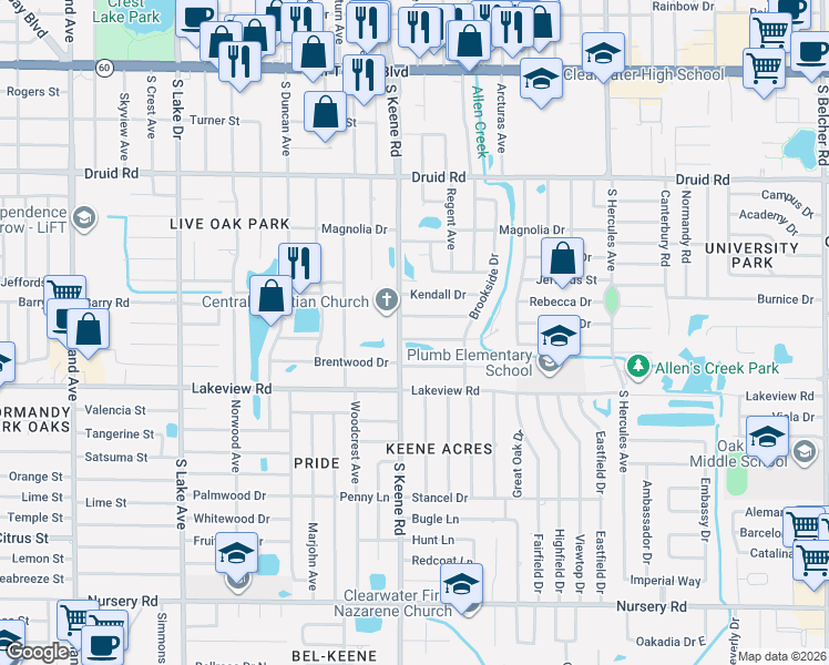map of restaurants, bars, coffee shops, grocery stores, and more near 1208 South Keene Road in Clearwater