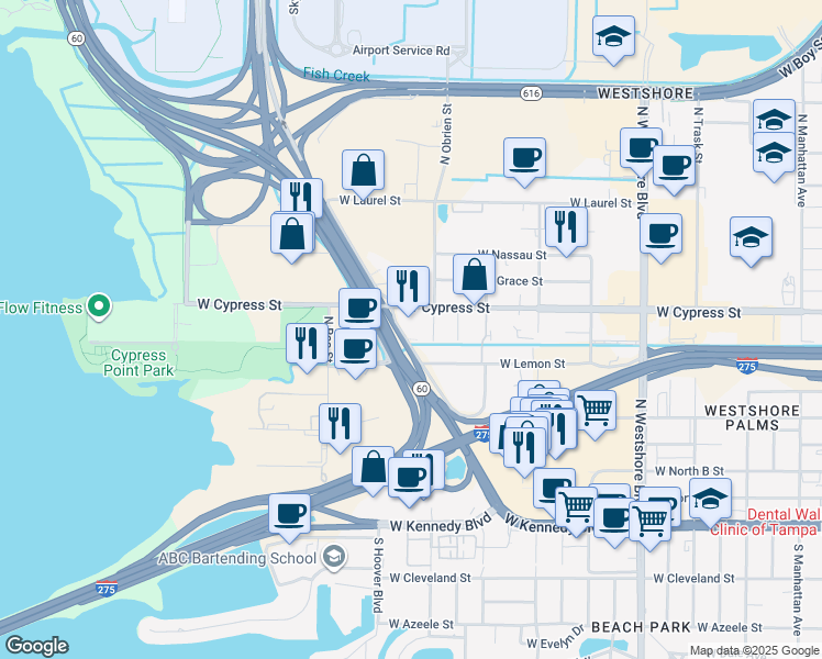 map of restaurants, bars, coffee shops, grocery stores, and more near 5100 West Lemon Street in Tampa
