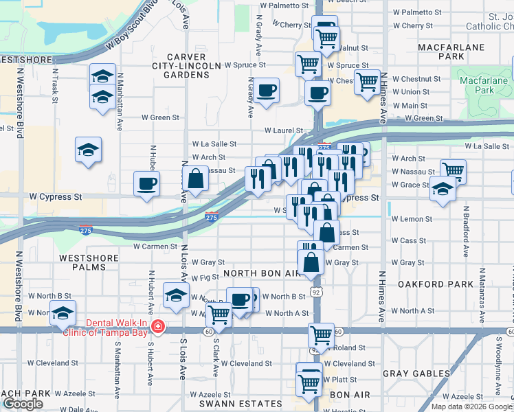 map of restaurants, bars, coffee shops, grocery stores, and more near 3915 West Lemon Street in Tampa