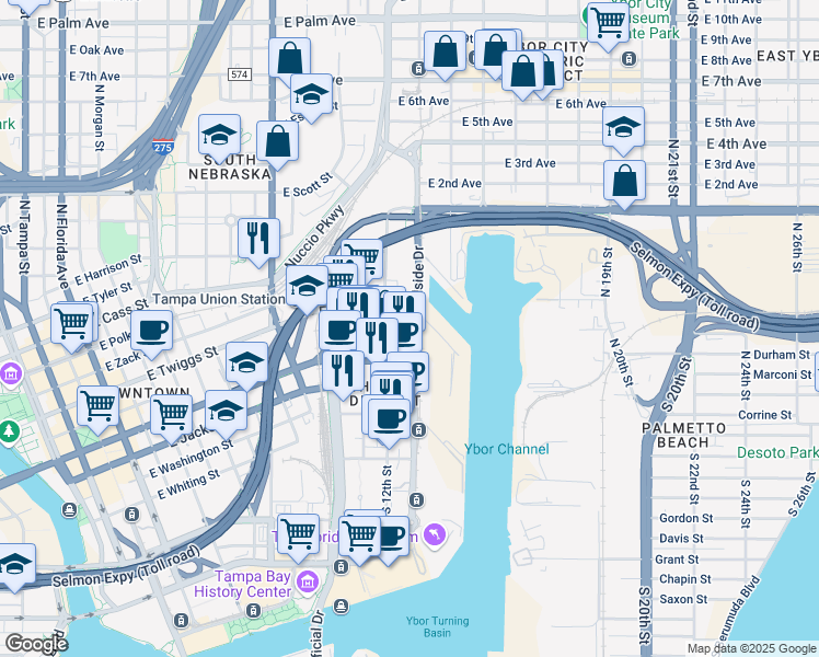 map of restaurants, bars, coffee shops, grocery stores, and more near 1112 Channelside Drive in Tampa