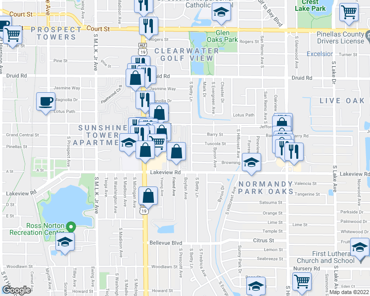 map of restaurants, bars, coffee shops, grocery stores, and more near 311 South Betty Lane in Clearwater