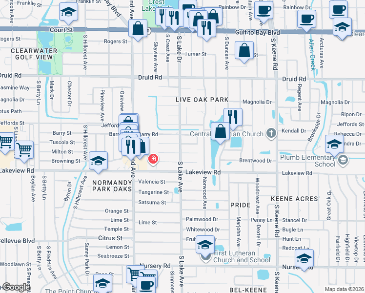 map of restaurants, bars, coffee shops, grocery stores, and more near 1241 South Lake Drive in Clearwater